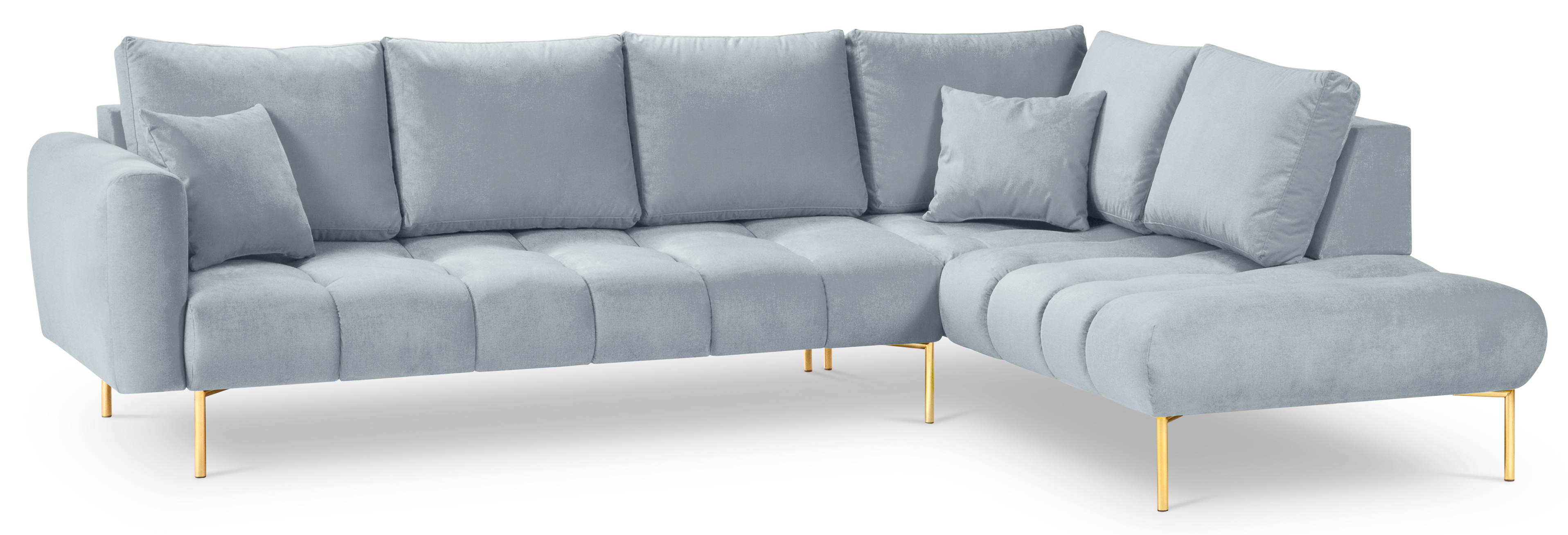 Narożnik pikowany z poduszkami i złotymi nogami niebieski prawy – obraz-1