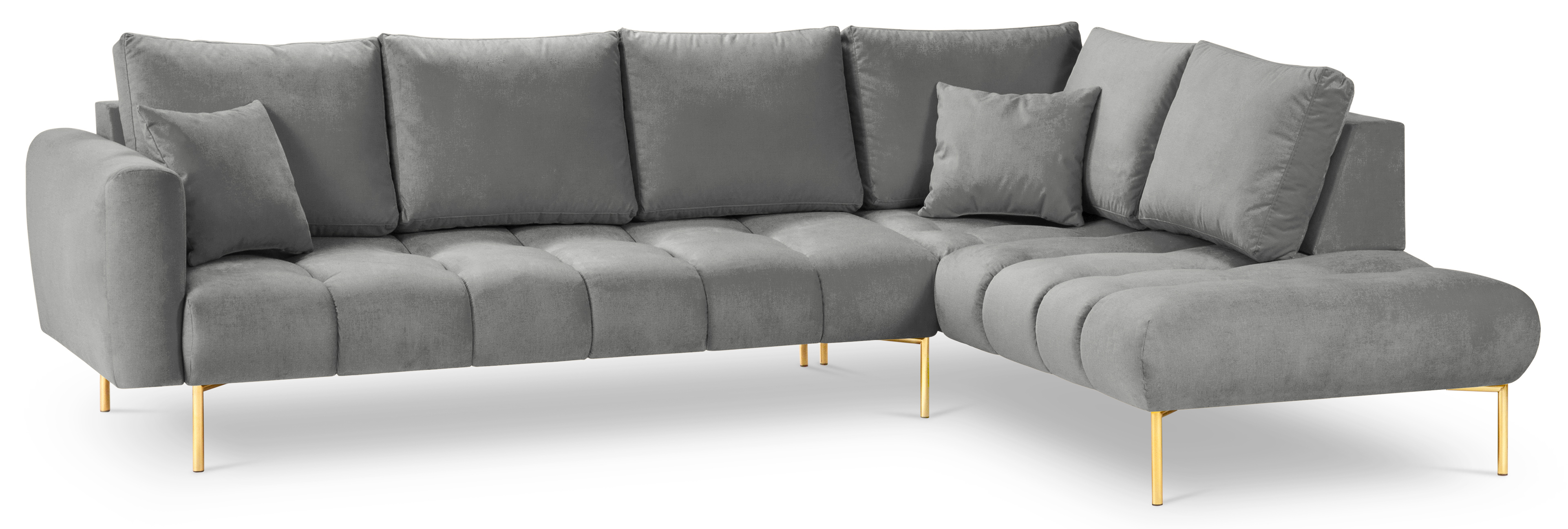 Narożnik pikowany z poduszkami i złotymi nogami szary prawy – obraz-1