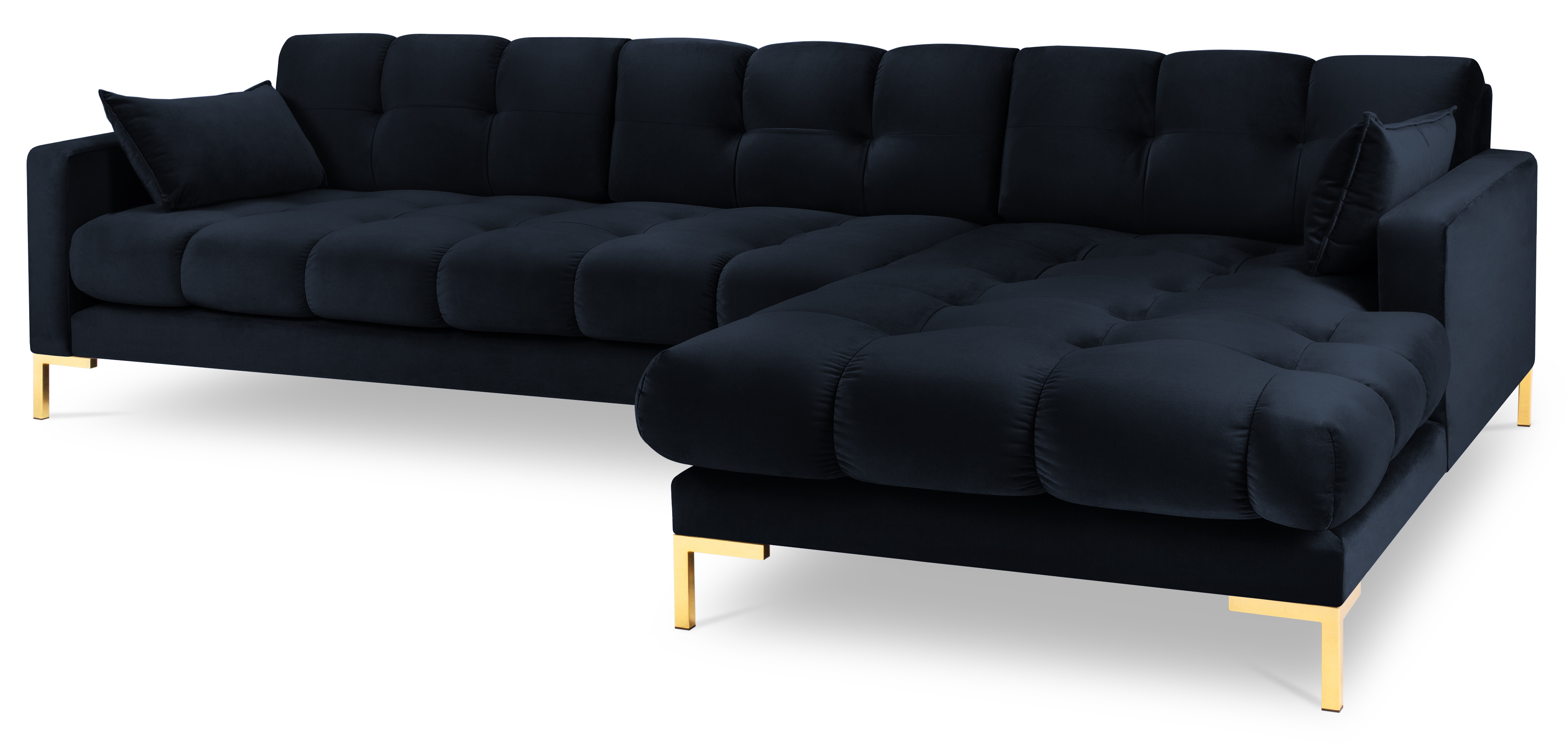 Narożnik pikowany na złotych nóżkach niebieski prawy – obraz-1