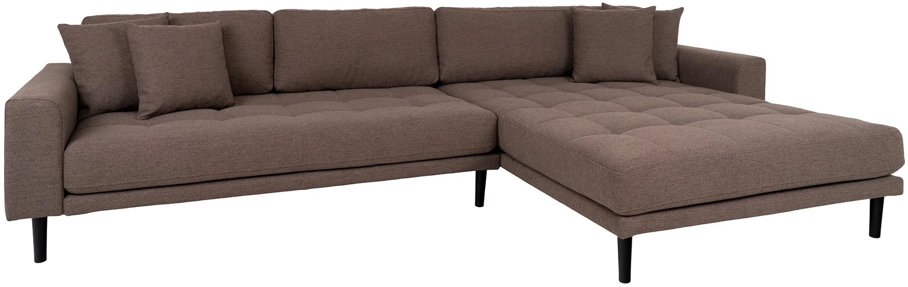 Narożnik brązowy z czterema poduszkami i czarnymi drewnianymi nogami pikowany prawy 290x170 cm – grafika-1.