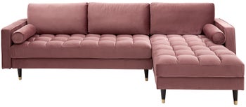 Narożnik aksamitny w kolorze brudnego różu z czarno-złotymi nogami do salonu – grafika-1.