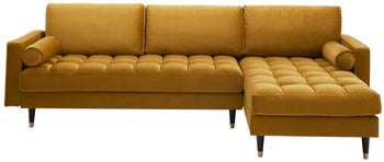 Narożnik z podłokietnikami aksamit musztardowy elegancki design 260x140 cm – grafika-1.