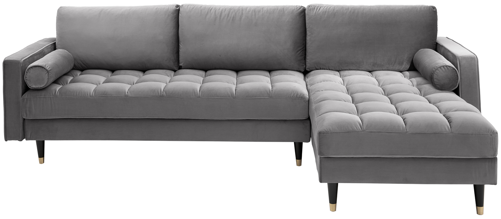 Narożnik aksamitny szary z szerokimi podłokietnikami i czarno-złotymi nogami – grafika-1.