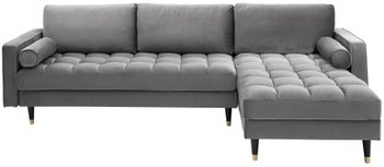 Narożnik z podłokietnikami aksamitny szary z nogami czarno-złotymi do nowoczesnych wnętrz – grafika-1.