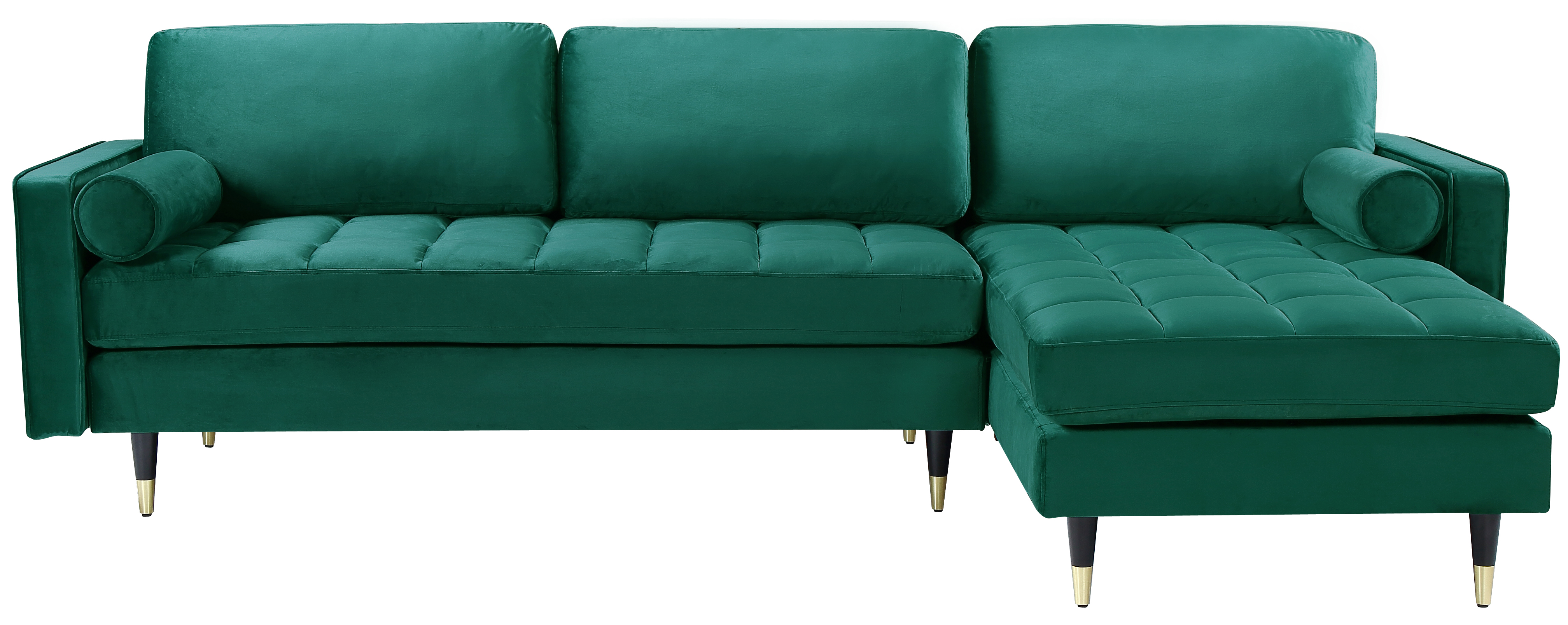 Narożnik aksamitny szmaragdowy z podłokietnikami i czarno-złotymi nogami – grafika-1.