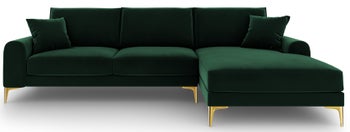 Narożnik dla 5 osób nogi złote welur butelkowa zieleń prawy 254x182 cm – obraz-1