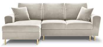 Narożnik z funkcją spania z pojemnikiem na złotych nóżkach beżowy lewy – obraz-1