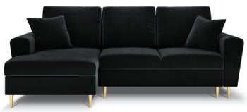 Narożnik z funkcją spania z pojemnikiem na złotych nóżkach czarny lewy – obraz-1