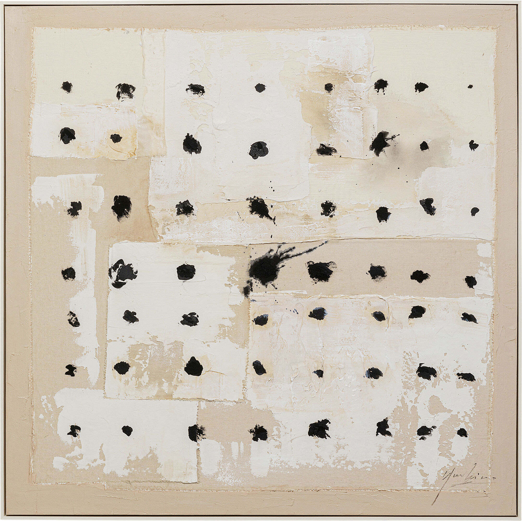 Obraz do salonu 120x120 cm abstrakcyjny ręcznie malowany czarne kropki – grafika-1.