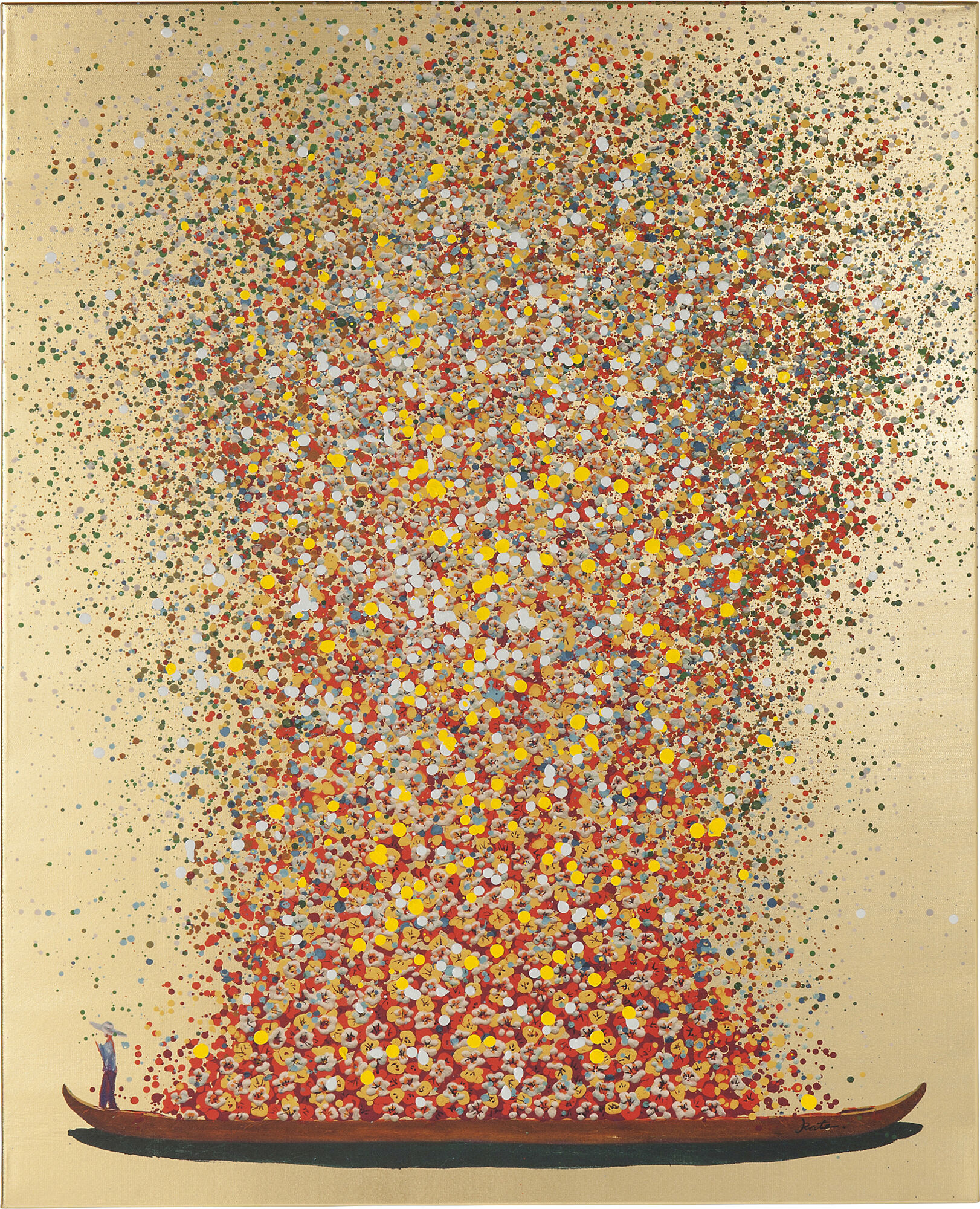 Obraz kwiaty na łodzi rama drewniana złoty 120x160 cm – obraz-1