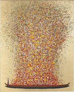 Obraz kwiaty na łodzi rama drewniana złoty 120x160 cm – obraz-1