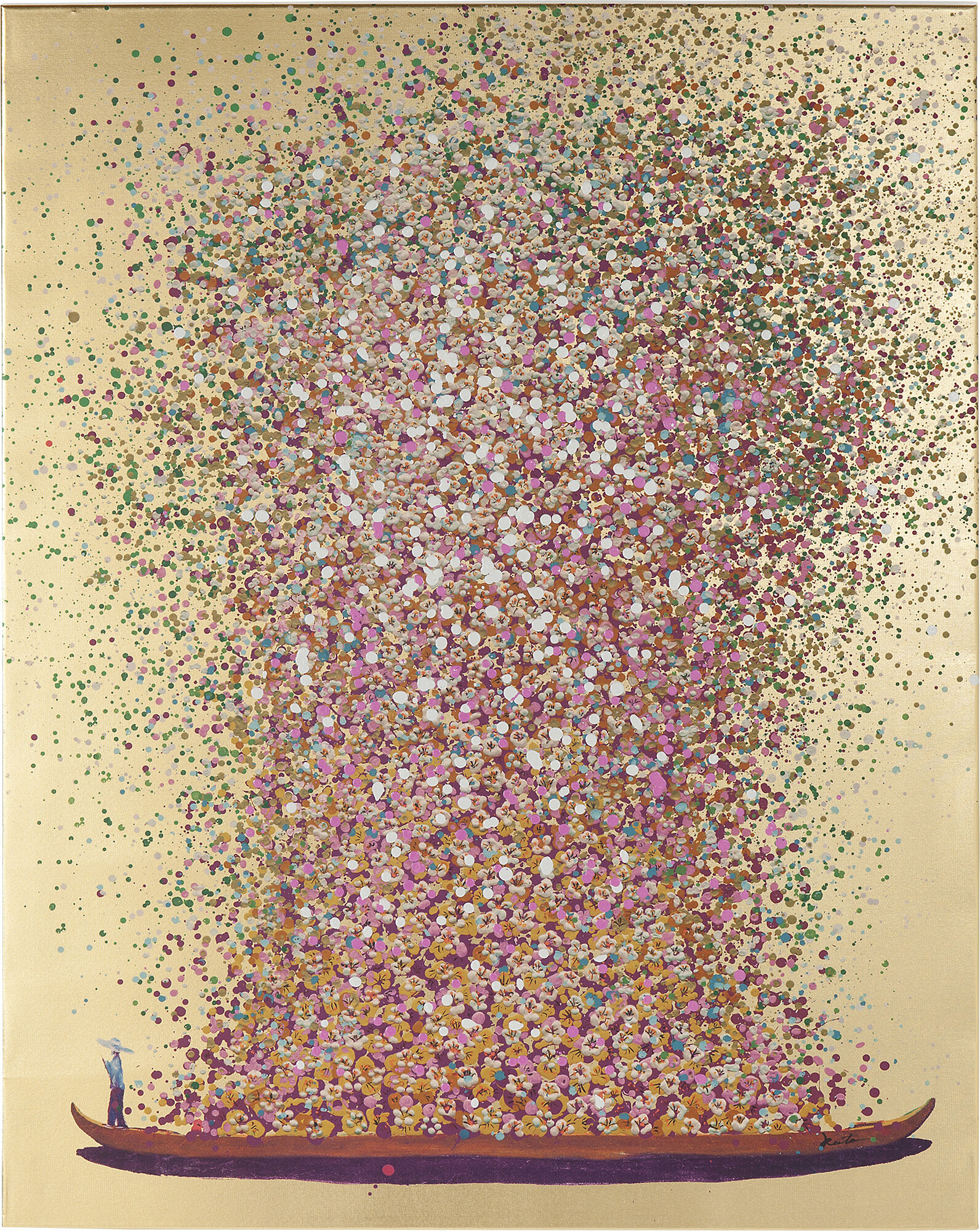 QUADRO RITOCCATO OLIO FLOWER BOAT ORO-ROSA 160X120 – immagine-1.