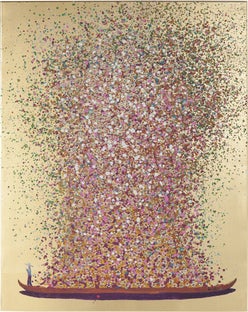 Obraz kwiaty na łodzi rama drewniana złoty 120x160 cm – obraz-1