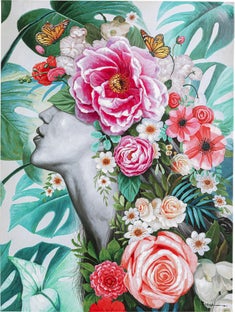 Obraz dama w kwiaty drewniany 90x120 cm – obraz-1