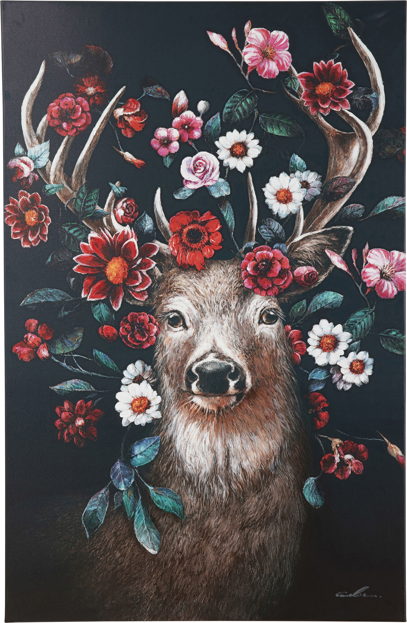 Obraz kolorowy jeleń i kwiaty 90x140 cm – grafika-1.