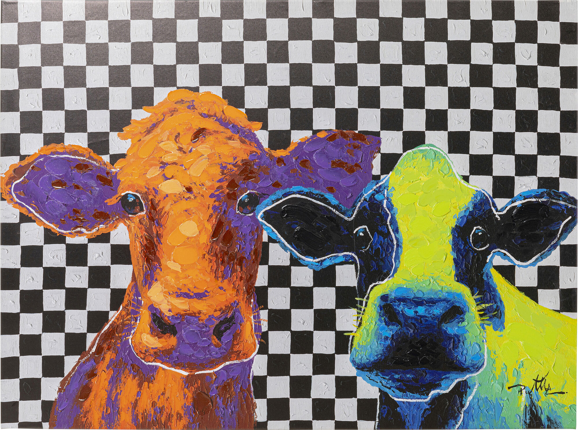 Obraz kolorowy krowy 120x90 cm krata – grafika-1.