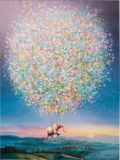 Cuadro colorido elefante volador y flores 120x160 cm – Imagen-1.