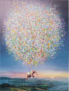 Obraz kolorowy latający słoń i kwiaty 120x160 cm – obraz-1