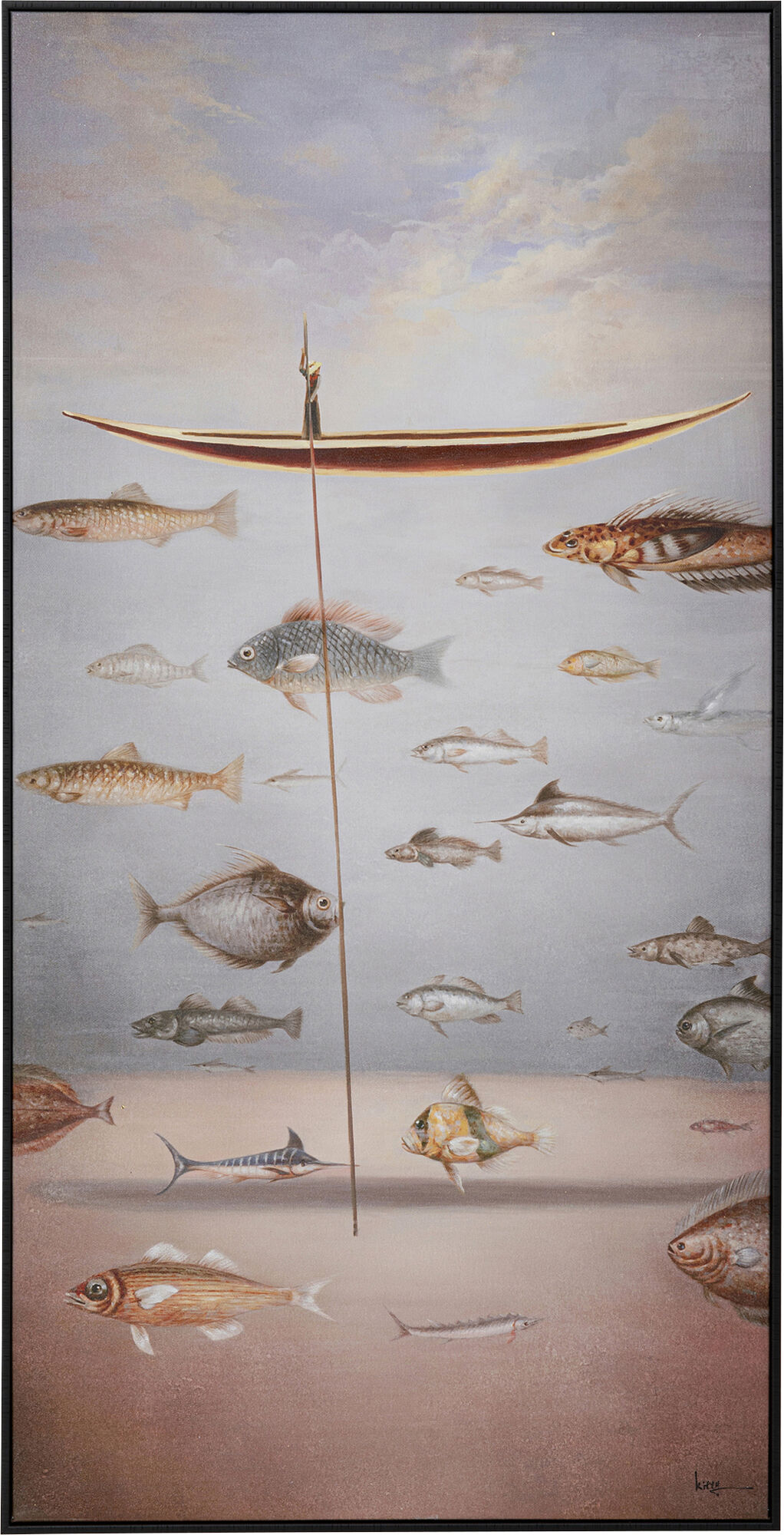 Obraz kolorowy łódka i ryby rama czarna 60x120 cm – grafika-1.