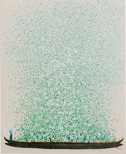 Obraz łódź i zielone kwiaty 120x160 cm beżowe tło – obraz-1