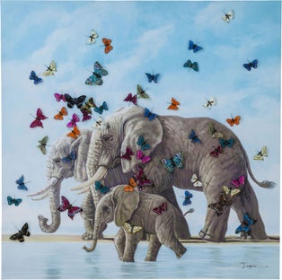 Quadro Ritoccato Di Olio Elefants With Butterflies – immagine-1.