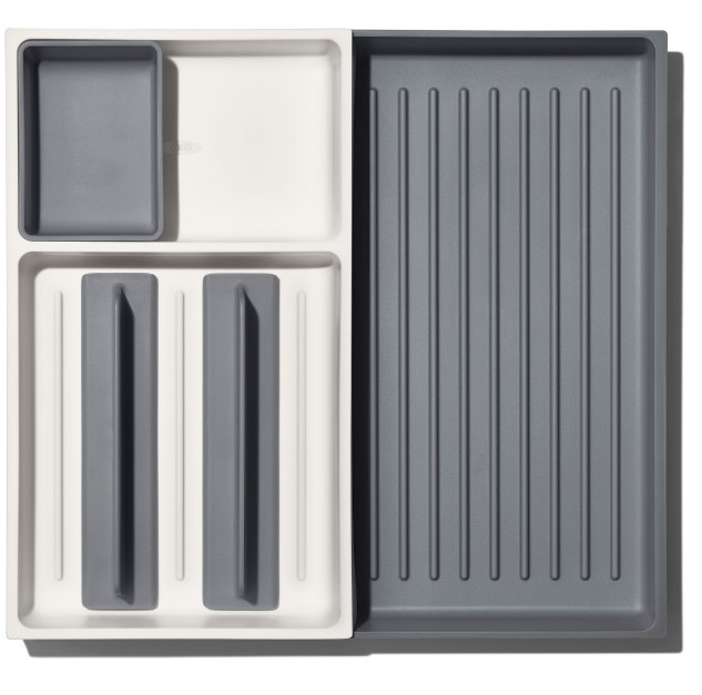 Organizer na sztućce i przybory kuchenne regulowany szaro - biały z tworzywa sztucznego – grafika-1.