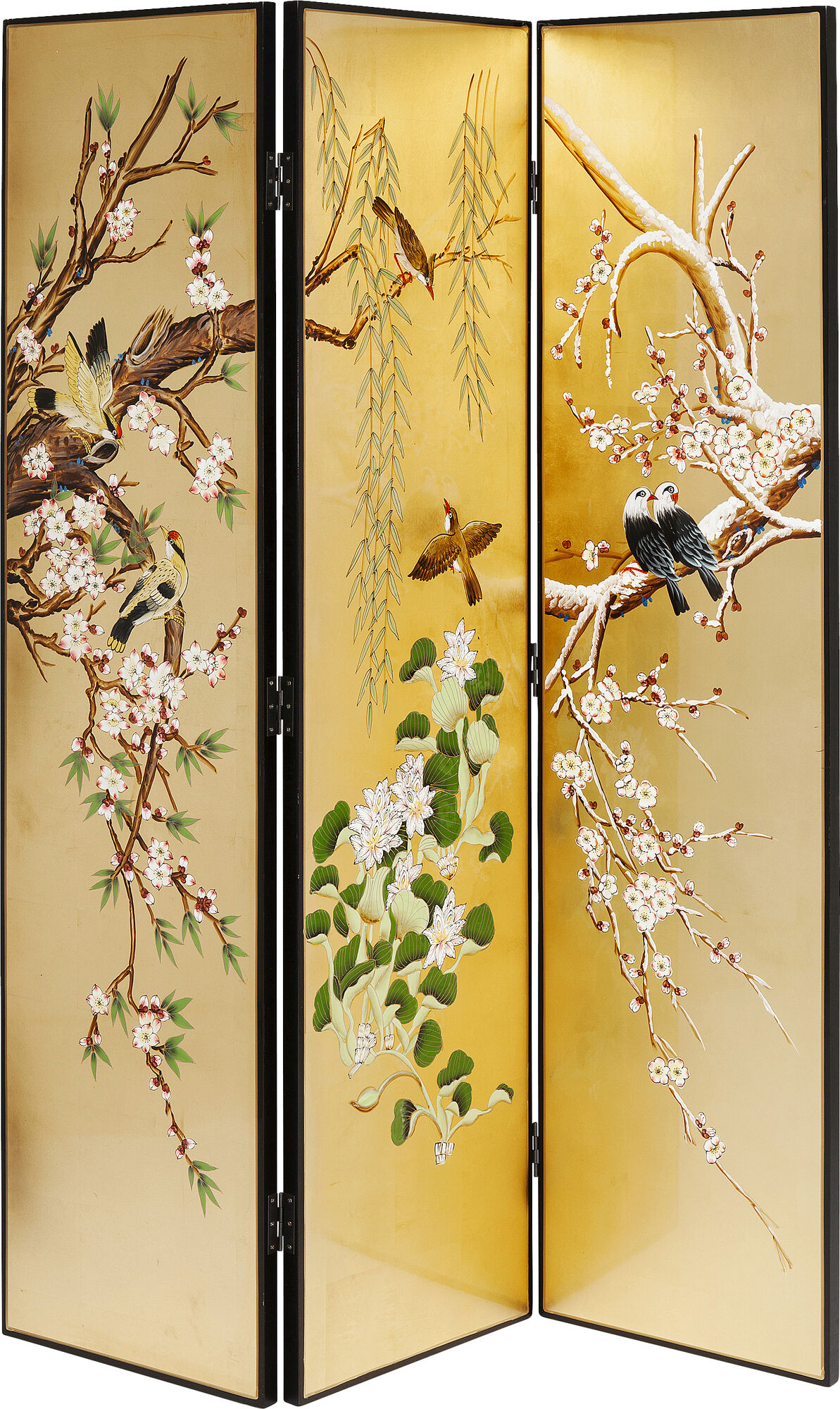 Parawan 3 panelowy drewno brzozowe żółty z motywem roślinnym 135x180 cm – obraz-1