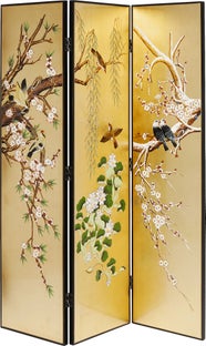 Parawan 3 panelowy drewno brzozowe żółty z motywem roślinnym 135x180 cm – obraz-1