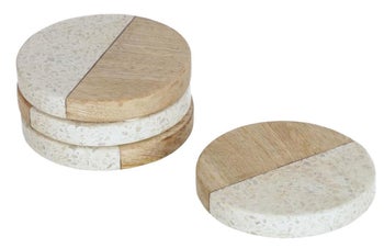 Zestaw 4 podkładek pod kubki marmur drewno ∅10 cm – obraz-1