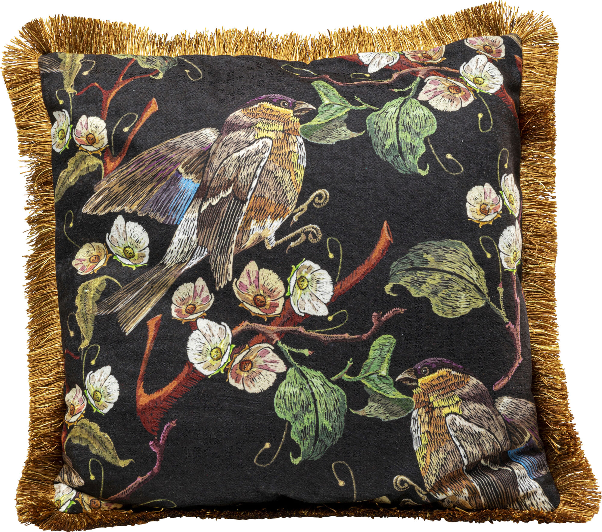 Poduszka dekoracyjna ptaszek i kwiaty 45x45 cm złote frędzle – grafika-1.