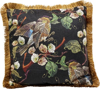 Poduszka dekoracyjna ptaszek i kwiaty 45x45 cm złote frędzle – grafika-1.