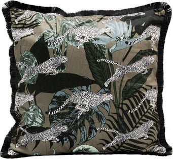 Poduszka dekoracyjna z frędzlami kolorowa motyw dżungli 45x45 cm – obraz-1