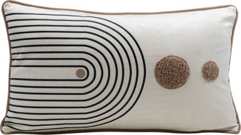 Poduszka dekoracyjna z lamówką biało-brązowa 50x30 cm czarne wzory – obraz-1