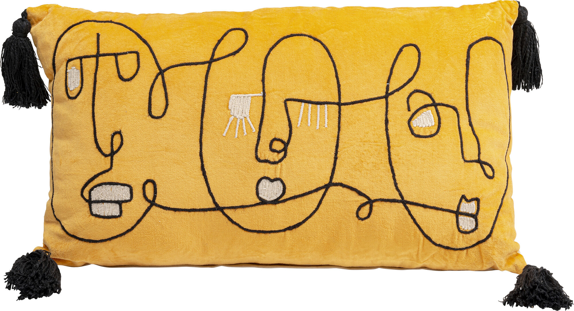 Poduszka dekoracyjna żółta z frędzlami 60x35 cm twarze artystyczne – grafika-1.