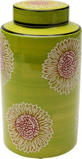 Pojemnik dekoracyjny porcelanowy zielony z kwiatami Ø15x27 cm – obraz-1