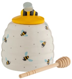 Pojemnik na miód z drewnianym czerpakiem biały z motywami pszczół – obraz-1
