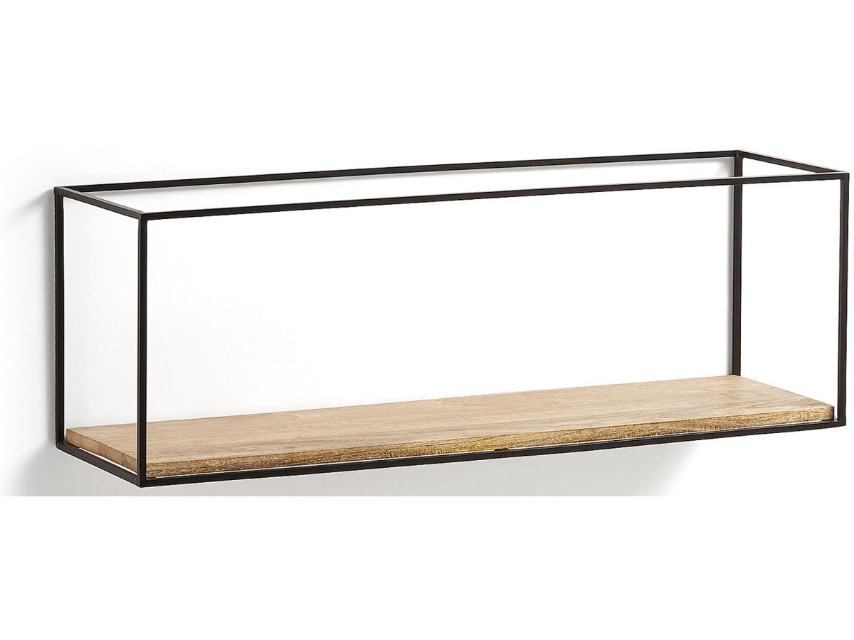 Półka wisząca czarna metalowa rama naturalna półka drewno jodła 90x30 cm – obraz-1