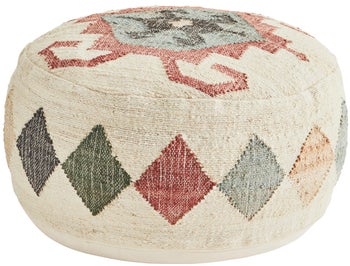 Pufa okrągła boho offwhite z kolorowymi wzorami ręcznie tkana  Ø60x30 cm – obraz-1