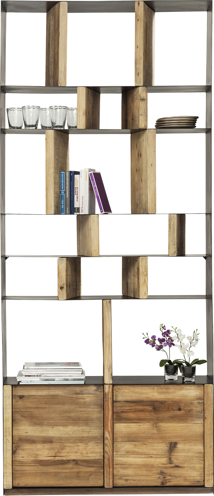 Hylla Storm - Öppen Bokhylla med Skåp Trä/ Svart Stål, 234x100cm – bild-1.