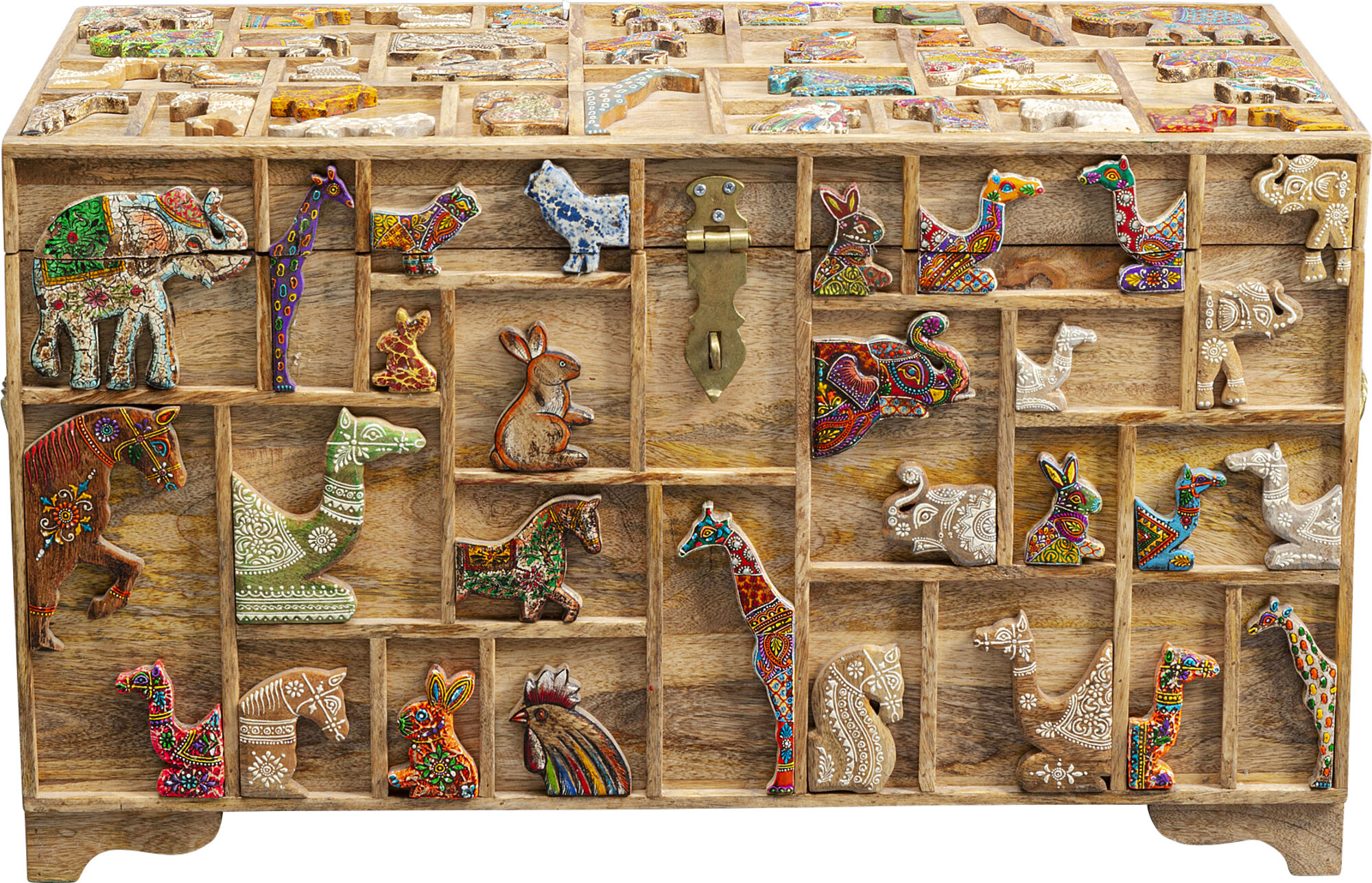 Skrzynia z drewna mango motyw zwierzęcy kolorowy 81x47 cm – obraz-1