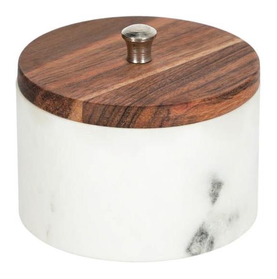 Pojemnik marmurowy biały pokrywka drewniana ∅10x8 cm – obraz-1