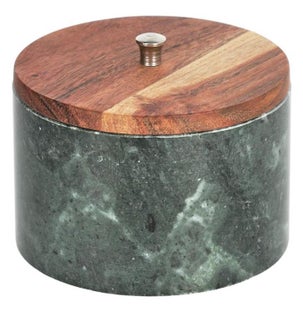 Pojemnik marmurowy zielony pokrywka drewniana ∅13x10 cm – obraz-1