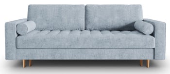 Sofa 3 osobowa rozkładana niebieska nogi drewniane 225x100 cm – obraz-1
