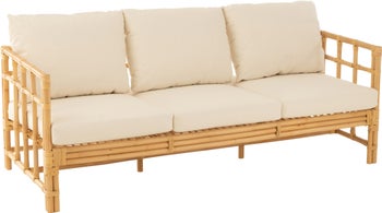 Sofa 3-osobowa rattanowo-bambusowa z miękka białą tapicerką 64x187 cm – obraz-1