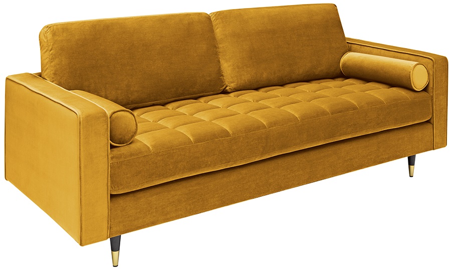 Sofa do salonu aksamitna musztardowa z metalowymi nogami w stylu nowoczesnym – grafika-1.