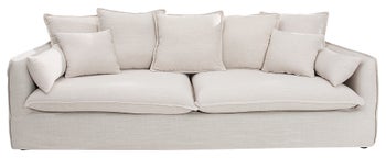 Beżowa sofa 3-osobowa tapicerowana z poduszkami w nowoczesnym stylu – grafika-1.