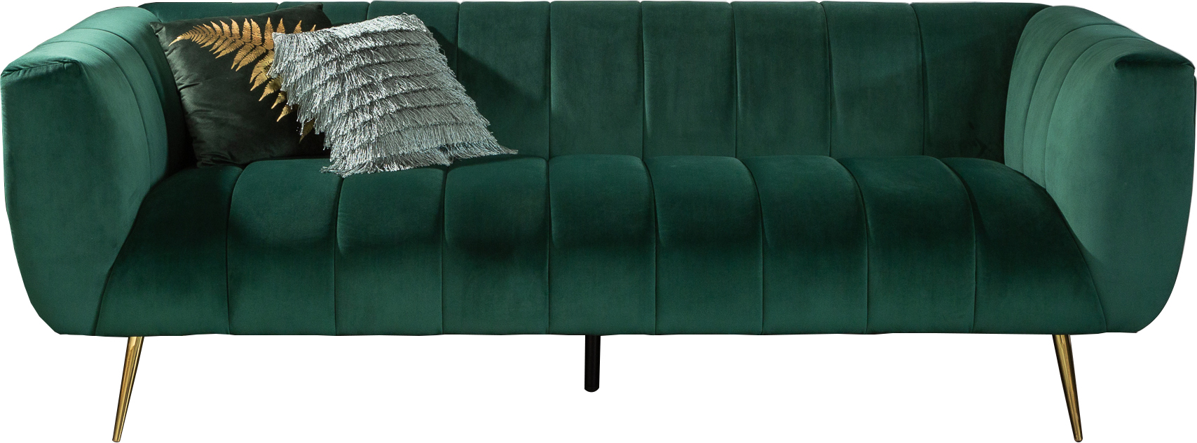 Aksamitna sofa szmaragdowa z podłokietnikami złote nogi stylowa do salonu – grafika-1.