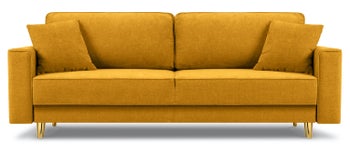 Sofa rozkładana 3 osobowa żółta nogi złote 233x102 cm – obraz-1