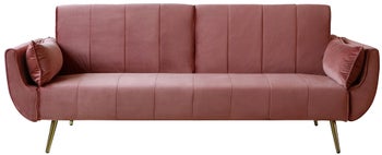 Sofa rozkładana aksamit brudny róż z poduszkami i złotymi nogami – grafika-1.