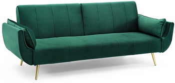 Sofa rozkładana aksamitna w kolorze szmaragdowym z poduszkami – grafika-1.